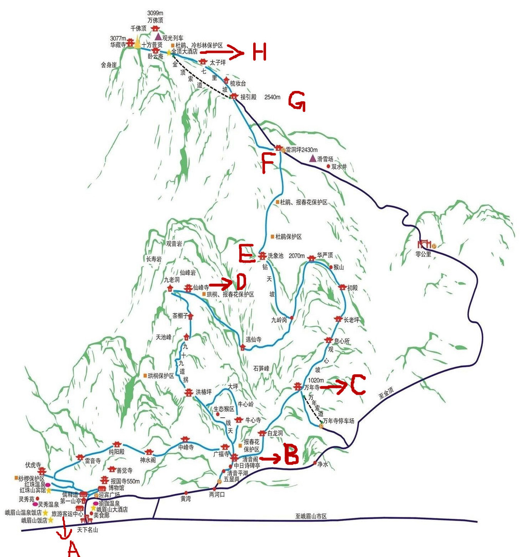 附 峨眉山登山路线图