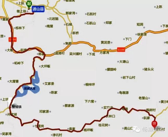 线路2:从通山县城出发,走绕城路,过厦铺镇,闯王镇到宝石村,全程43公里