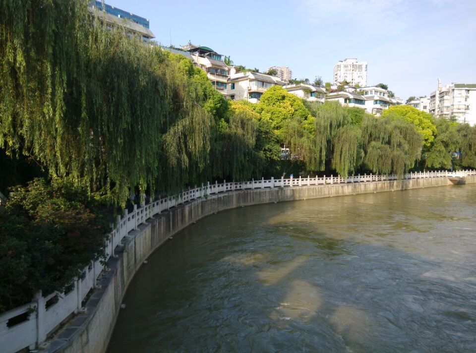 半弧形流线体河岸,杨柳依依,南明河水质清澈,还是不错的. 甲秀楼