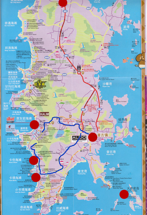 先看看普吉岛的几大海滩地图,基本上一日游包车不用额钱的海滩就