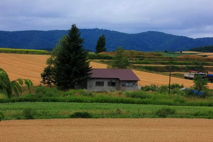 宽广无边的田野横纵有序,高低错的丘陵使田园小屋